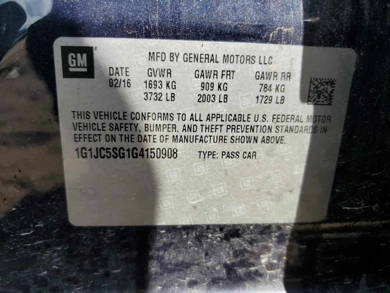 1G1JC5SG1G4150908 CHEVROLET SONIC 2016
