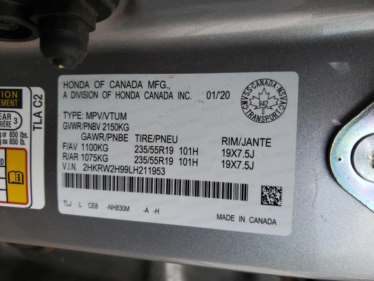 2HKRW2H99LH211953 HONDA CRV 2020