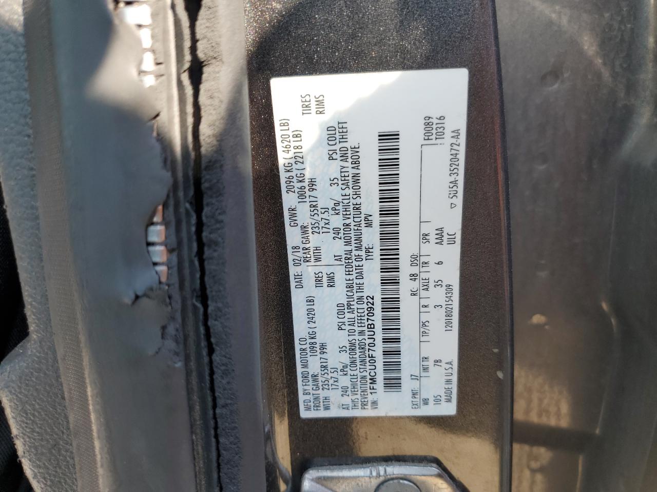 1FMCU0F70JUB70922 FORD ESCAPE 2018