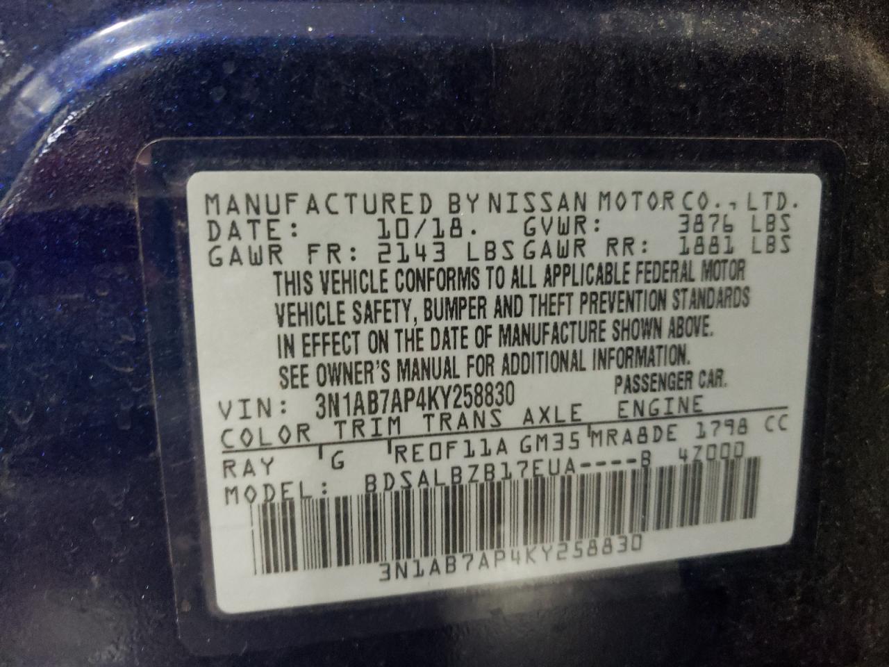 3N1AB7AP4KY258830 NISSAN SENTRA 2019