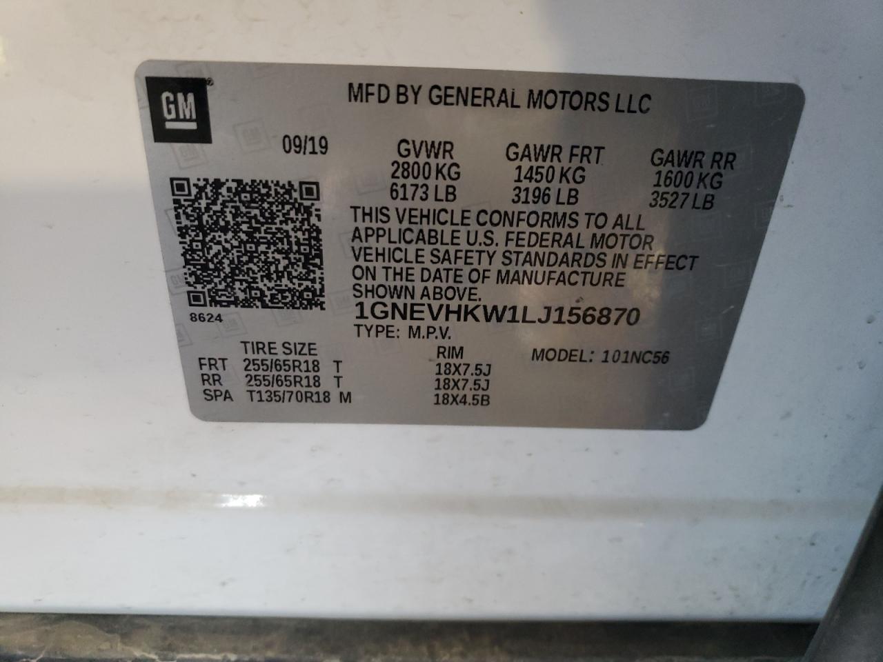 1GNEVHKW1LJ156870 CHEVROLET TRAVERSE 2020