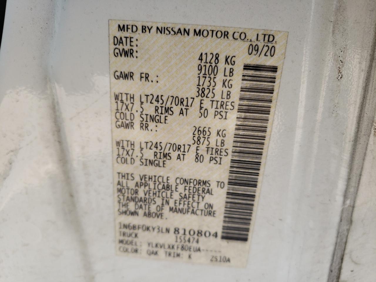 1N6BF0KY3LN810804 NISSAN NV 2020