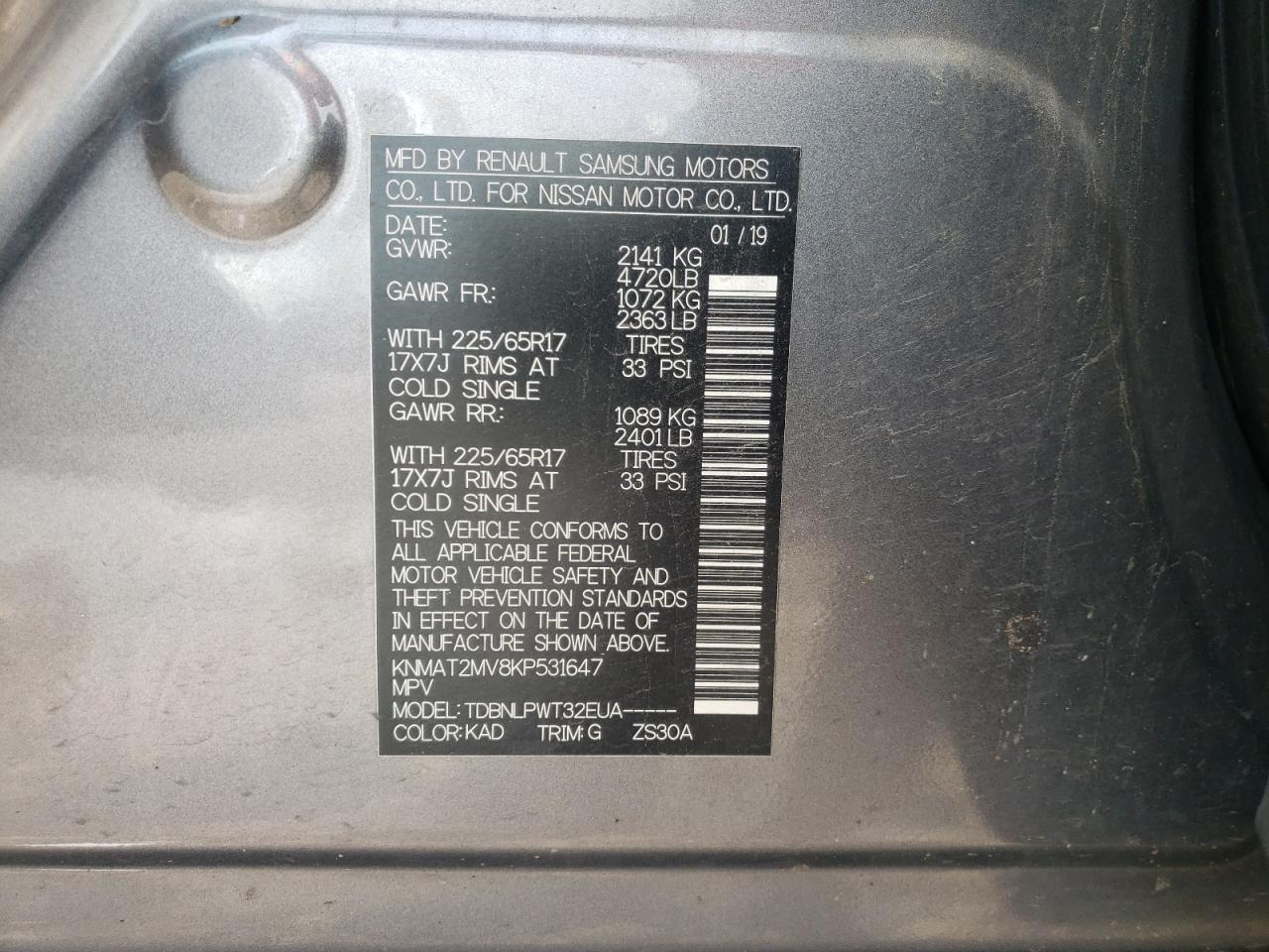KNMAT2MV8KP531647 NISSAN ROGUE 2019