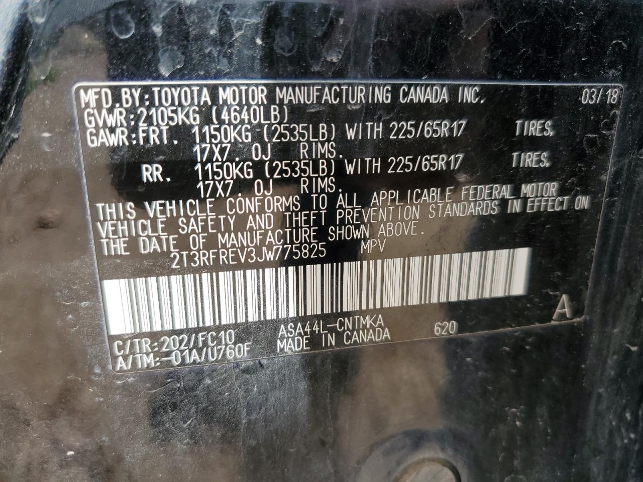 2T3RFREV3JW775825 TOYOTA RAV4 2018