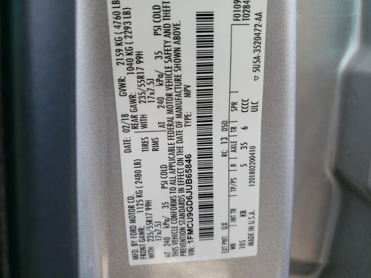 1FMCU9GD6JUB65846 FORD ESCAPE 2018