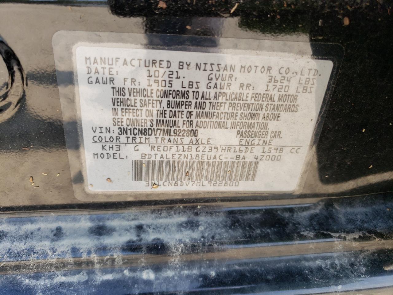 3N1CN8DV7ML922800 NISSAN VERSA 2021