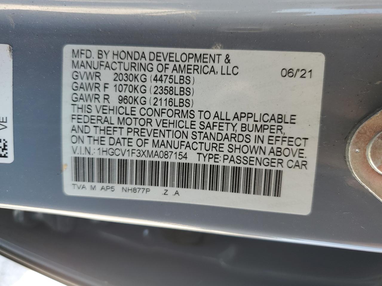 1HGCV1F3XMA087154 HONDA ACCORD 2021