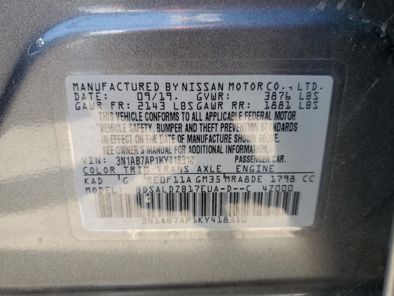 3N1AB7AP1KY418310 NISSAN SENTRA 2019