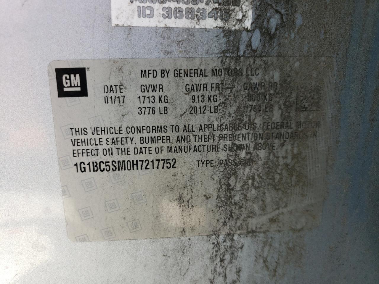 1G1BC5SM0H7217752 CHEVROLET CRUZE 2017