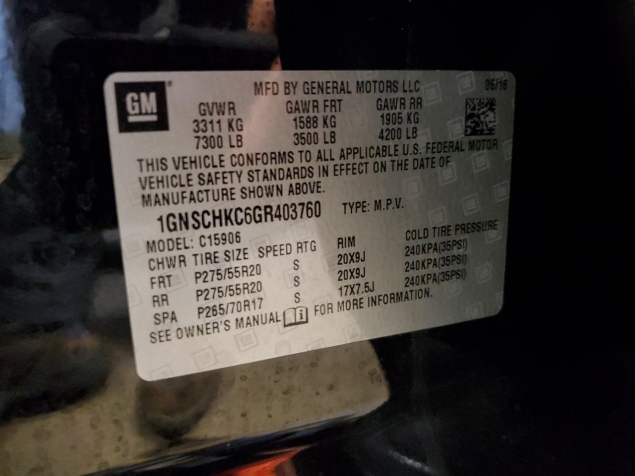 1GNSCHKC6GR403760 CHEVROLET SUBURBAN 2016