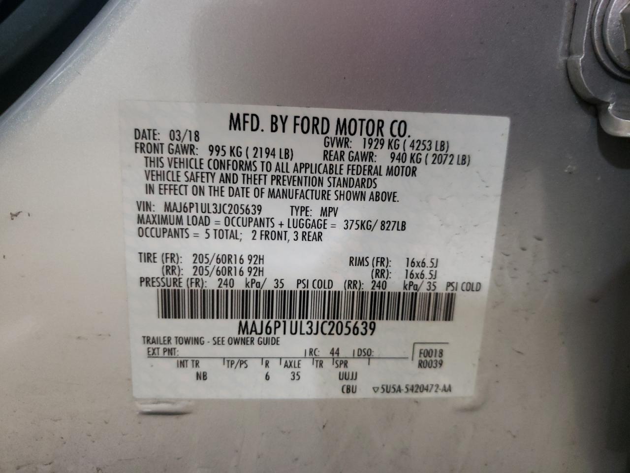 MAJ6P1UL3JC205639 FORD ECOSPORT 2018