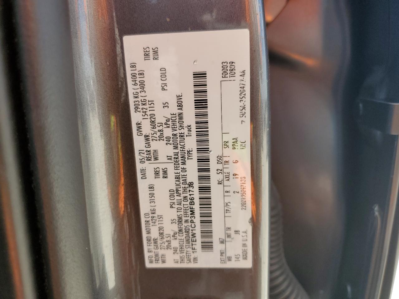 1FTEW1CP3MFB61738 FORD F-150 2021