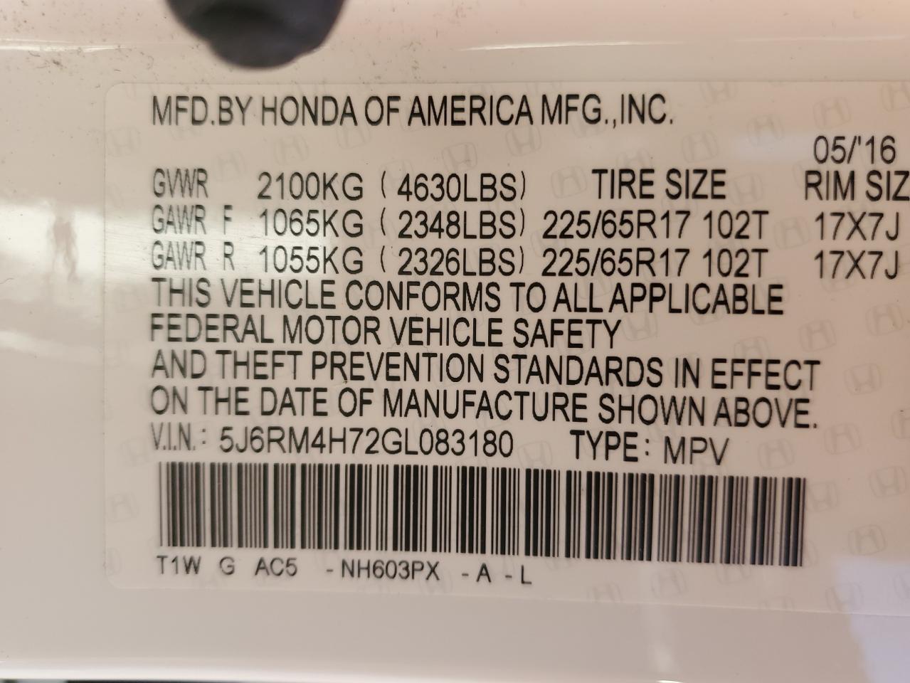 5J6RM4H72GL083180 HONDA CRV 2016