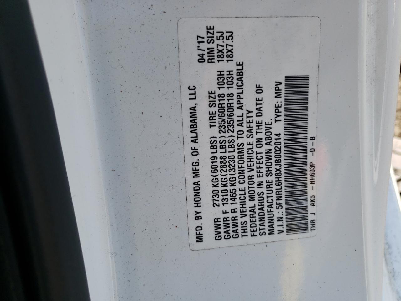 5FNRL6H8XJB002014 HONDA ODYSSEY 2018