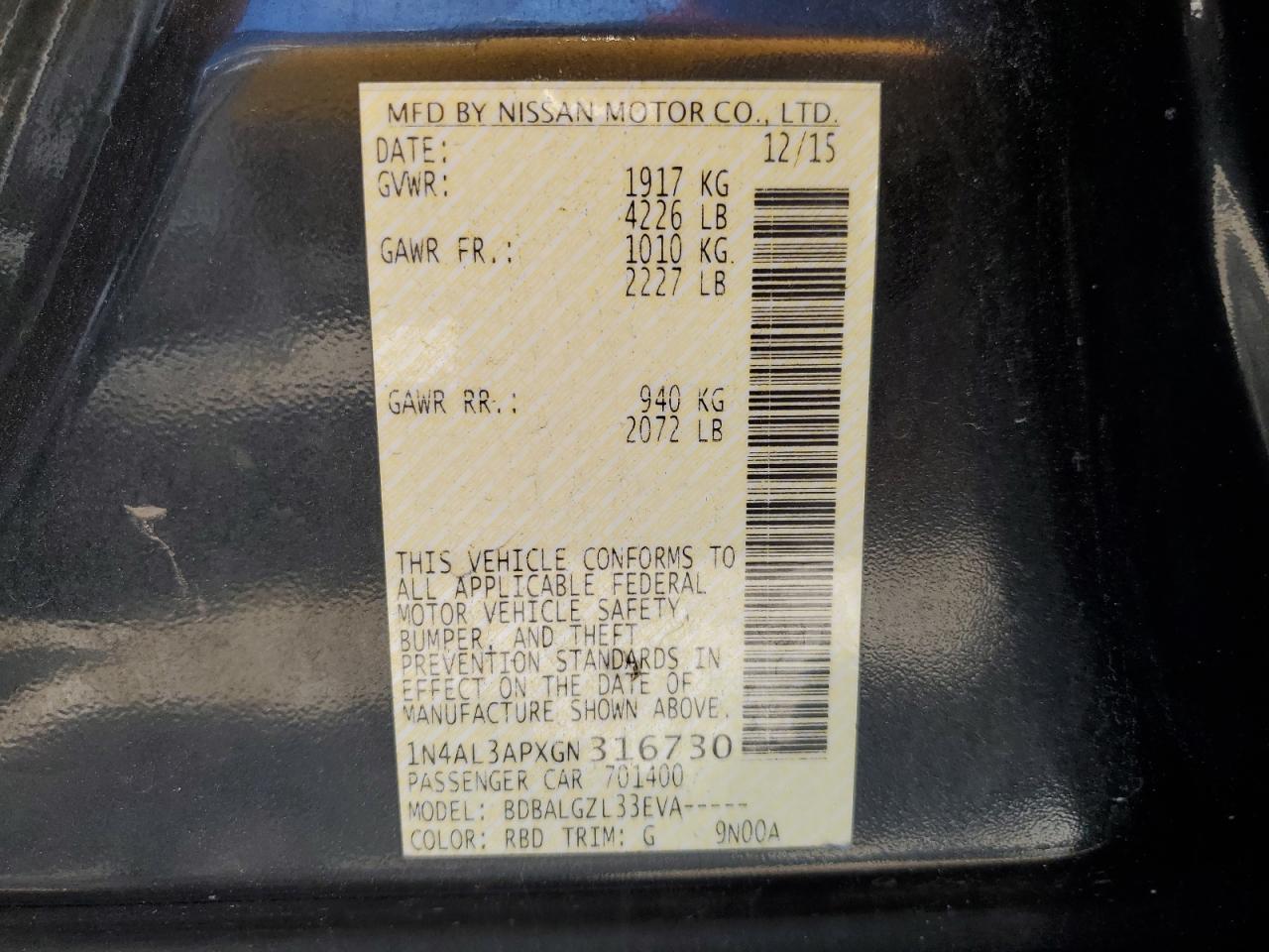 1N4AL3APXGN316730 NISSAN ALTIMA 2016