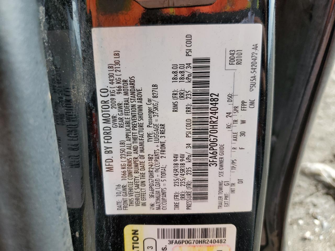 3FA6P0G70HR240482 FORD FUSION 2017