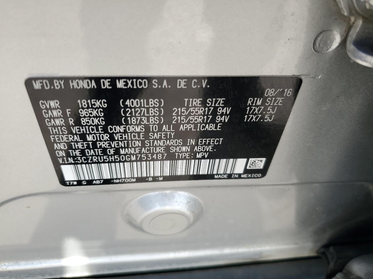 3CZRU5H50GM753487 HONDA HR-V 2016