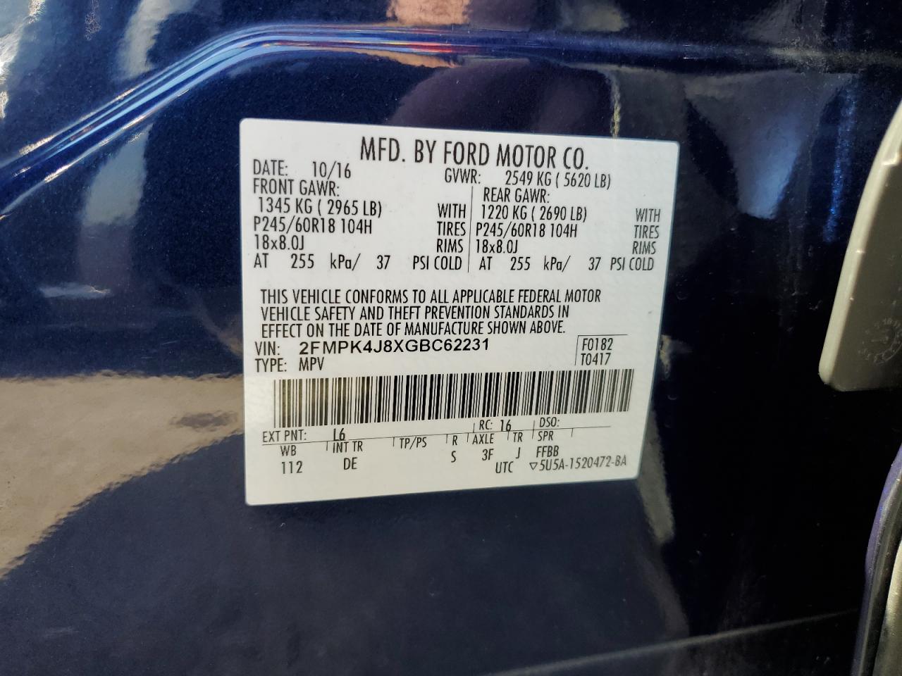 2FMPK4J8XGBC62231 FORD EDGE 2016