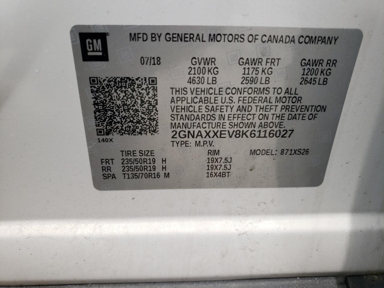 2GNAXXEV8K6116027 CHEVROLET EQUINOX 2019