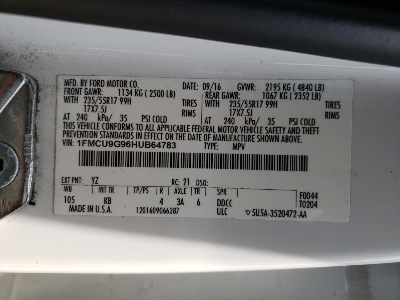 1FMCU9G96HUB64783 FORD ESCAPE 2017
