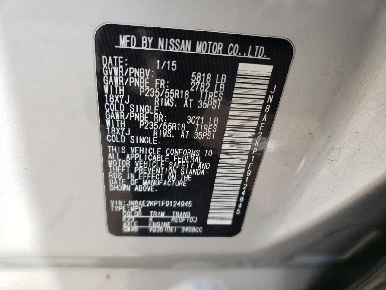 JN8AE2KP1F9124945 2015 Nissan Quest S