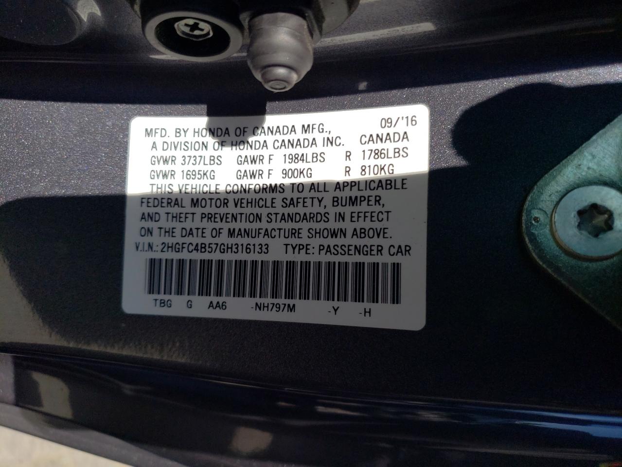2HGFC4B57GH316133 HONDA CIVIC 2016
