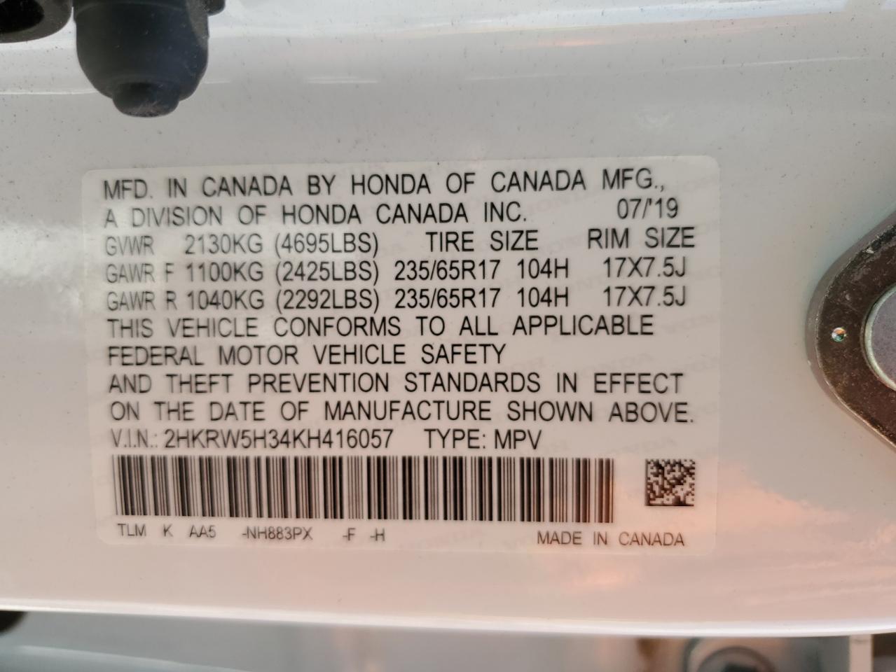 2HKRW5H34KH416057 HONDA CRV 2019