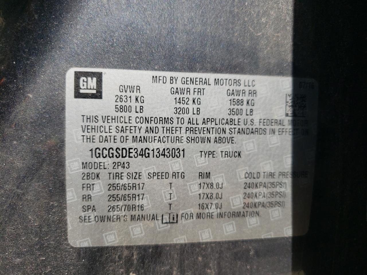 1GCGSDE34G1343031 CHEVROLET COLORADO 2016