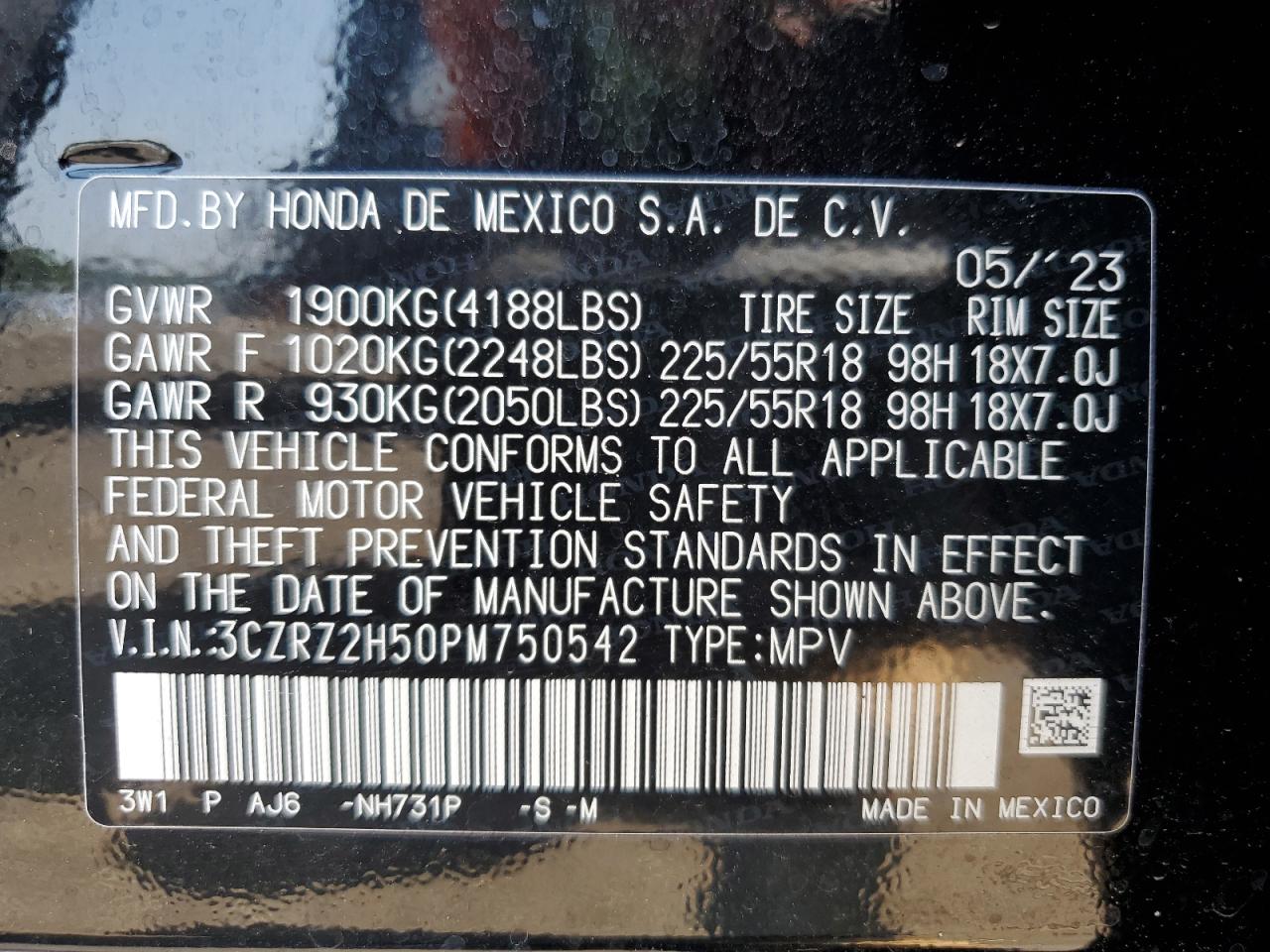 3CZRZ2H50PM750542 HONDA HR-V 2023