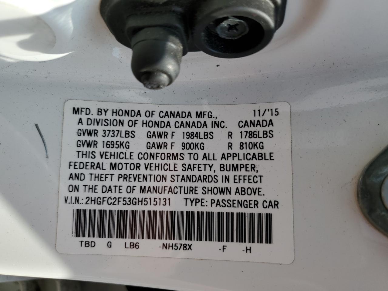 2HGFC2F53GH515131 HONDA CIVIC 2016