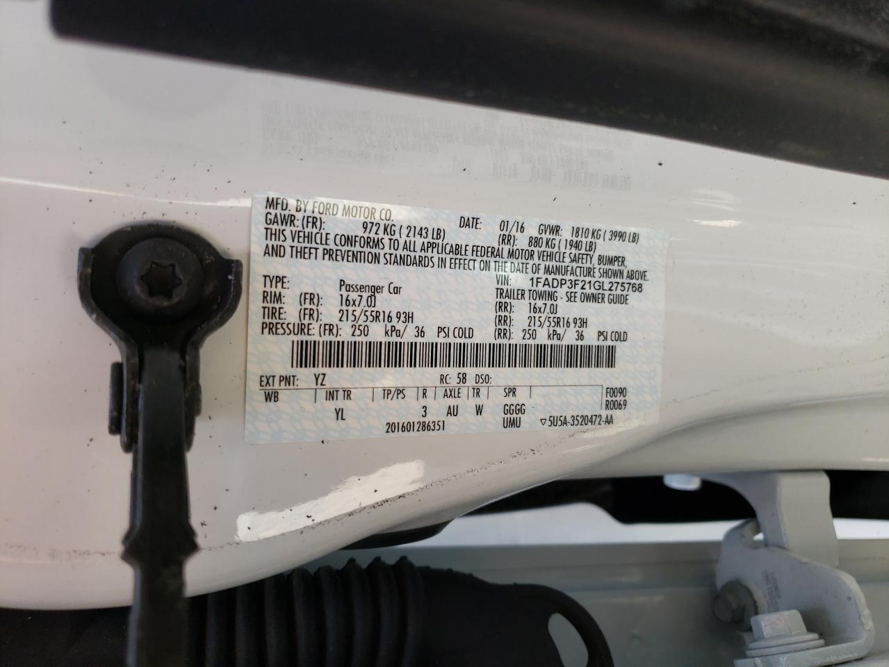1FADP3F21GL275768 FORD FOCUS 2016