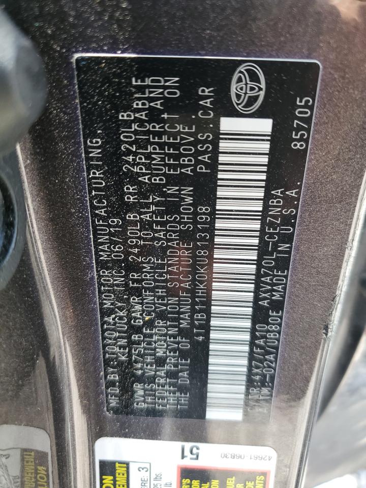 4T1B11HK0KU813198 TOYOTA CAMRY 2019