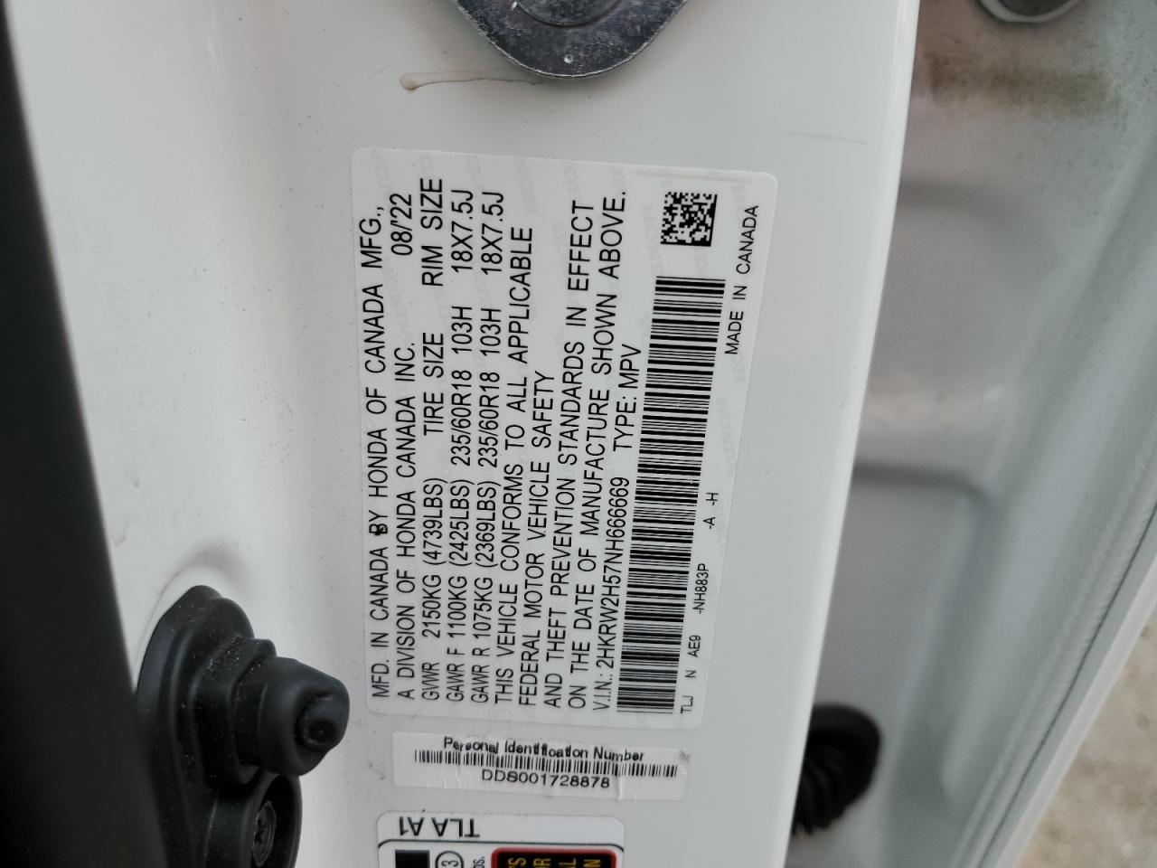 2HKRW2H57NH666669 HONDA CRV 2022