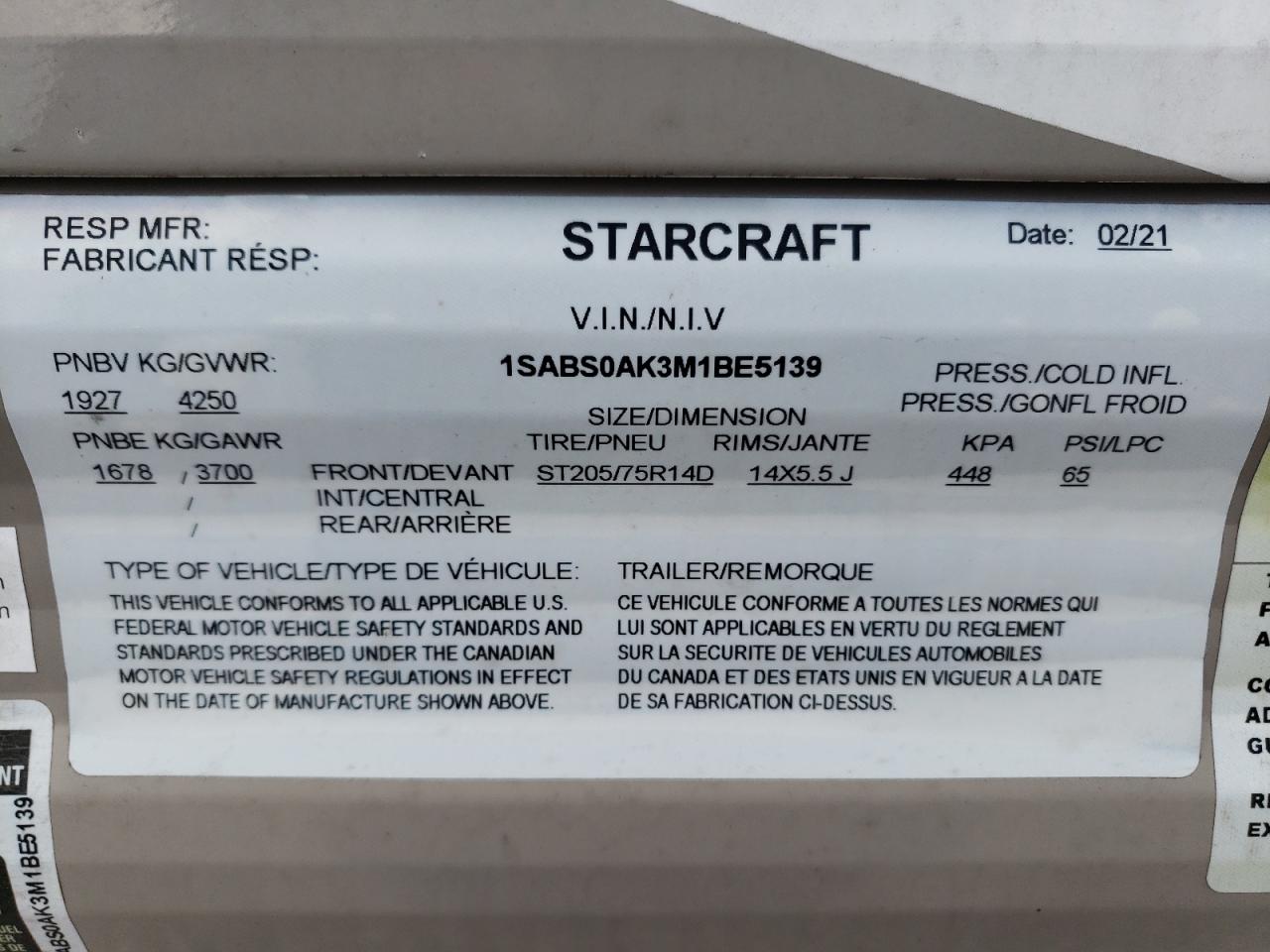 1SABS0AK3M1BE5139 STARCRAFT ALL Models 2021