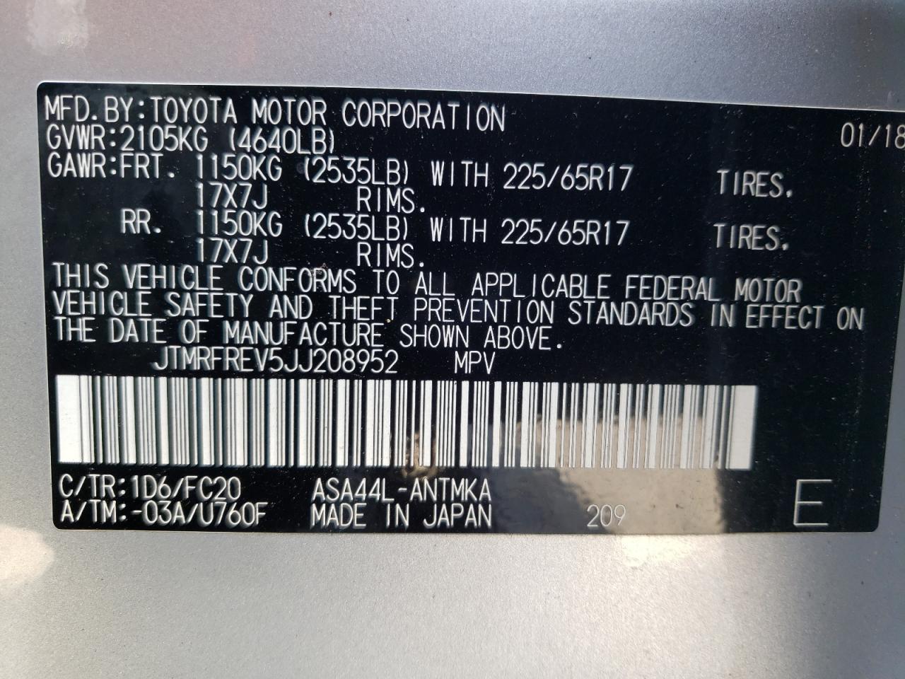 JTMRFREV5JJ208952 TOYOTA RAV4 2018