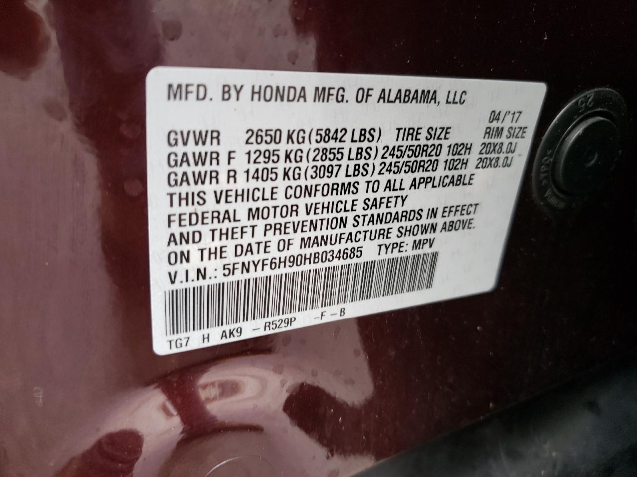 5FNYF6H90HB034685 HONDA PILOT 2017