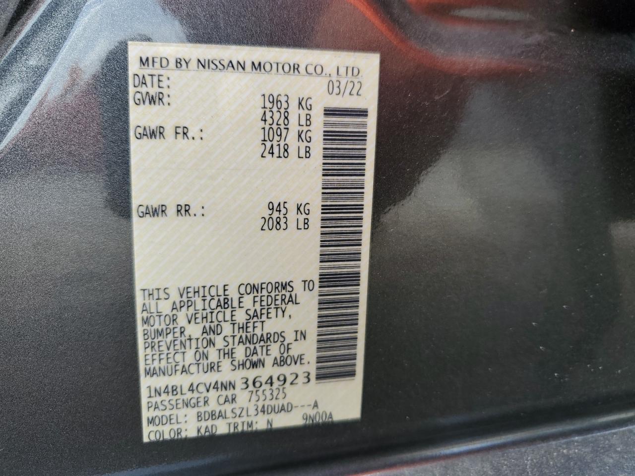 1N4BL4CV4NN364923 NISSAN ALTIMA 2022