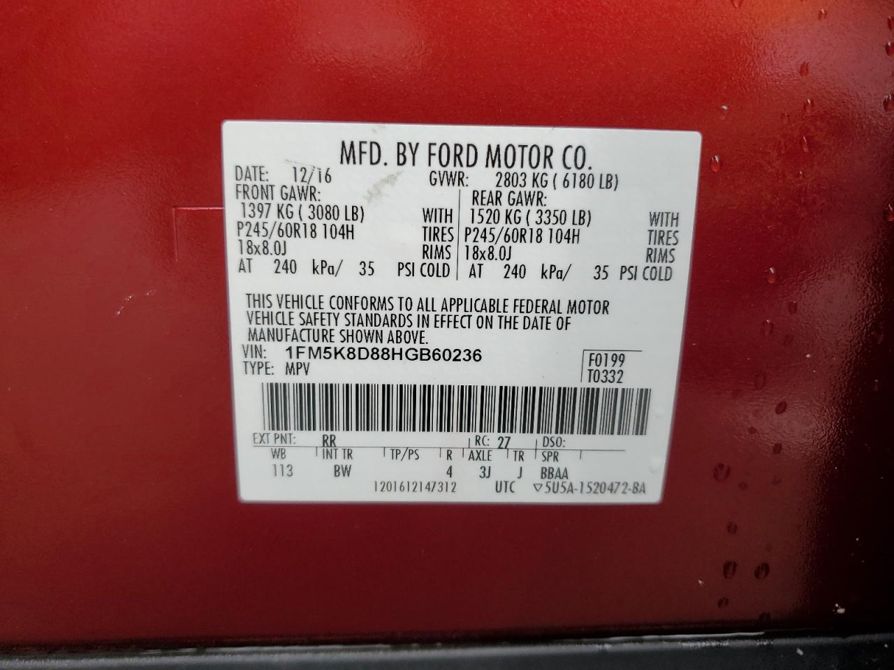 1FM5K8D88HGB60236 FORD EXPLORER 2017