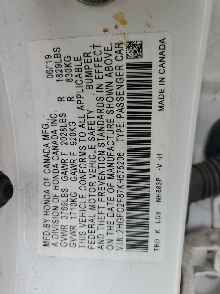2HGFC2F87KH575206 HONDA CIVIC 2019