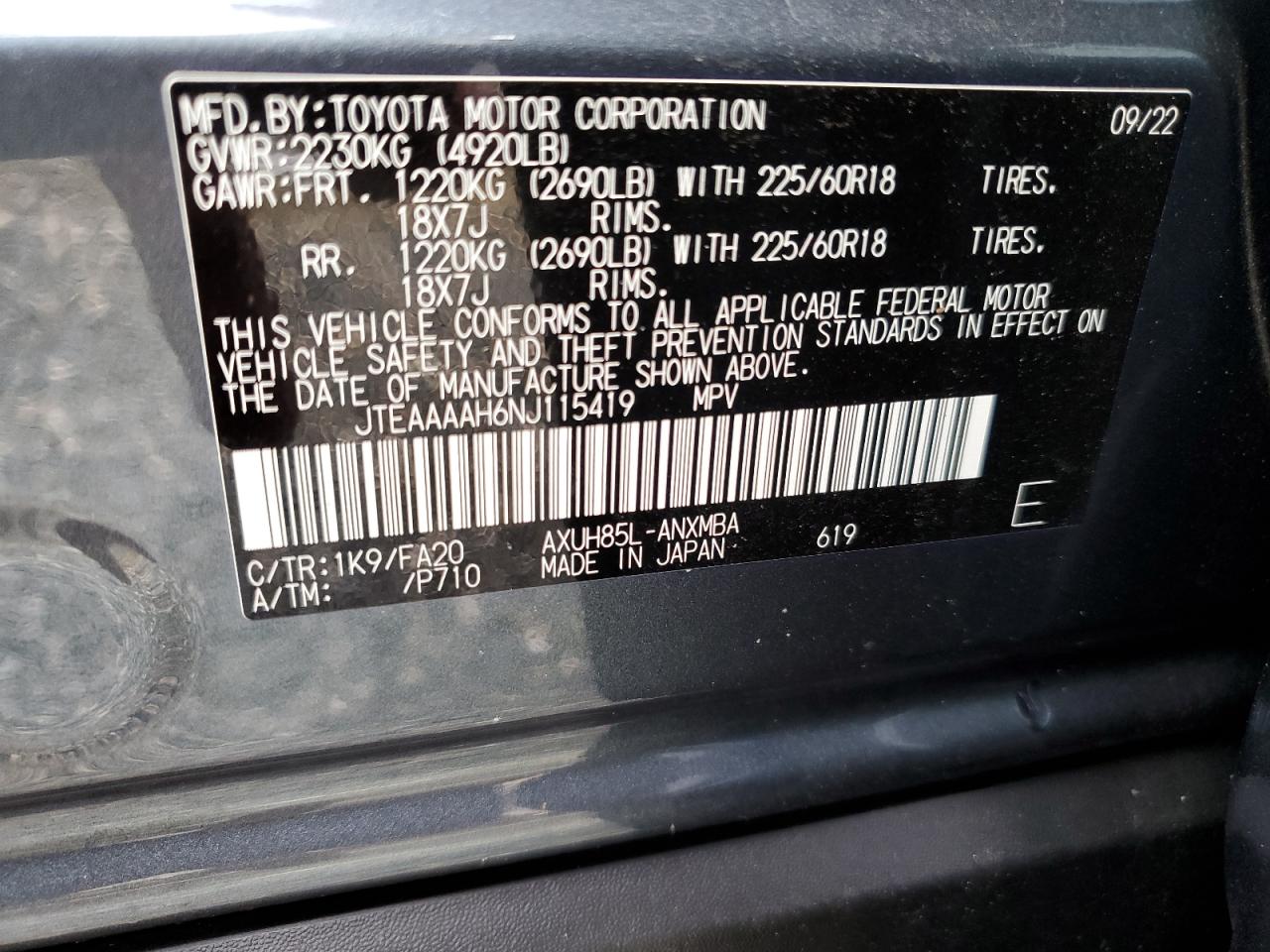 JTEAAAAH6NJ115419 TOYOTA VENZA 2022