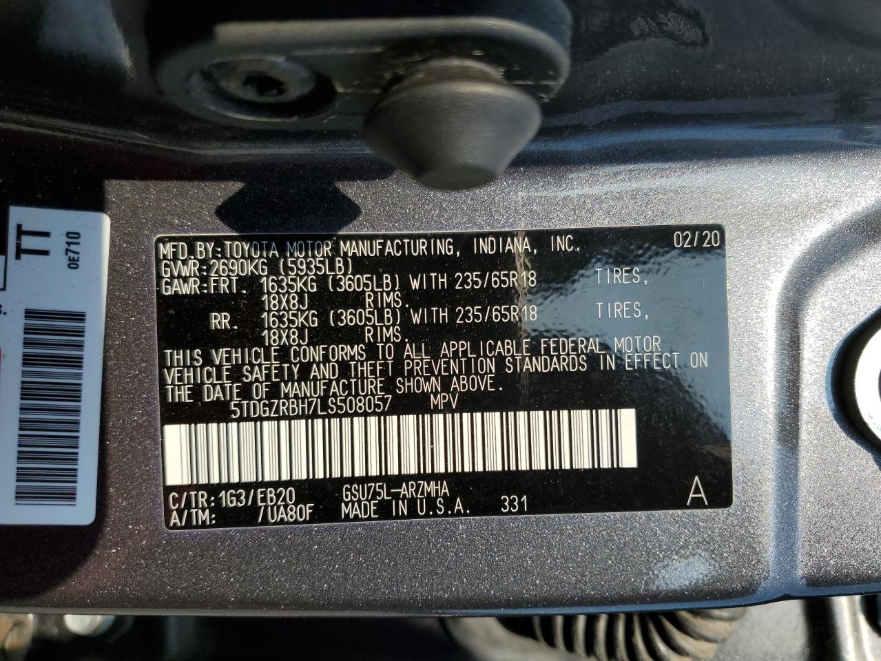 5TDGZRBH7LS508057 TOYOTA HIGHLANDER 2020