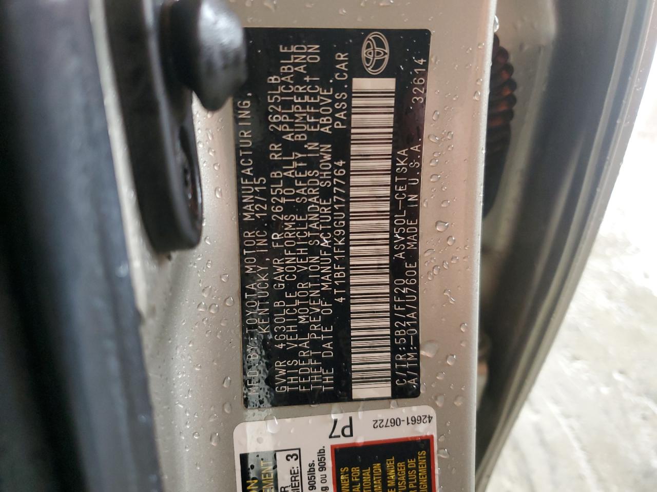 4T1BF1FK9GU177764 TOYOTA CAMRY 2016