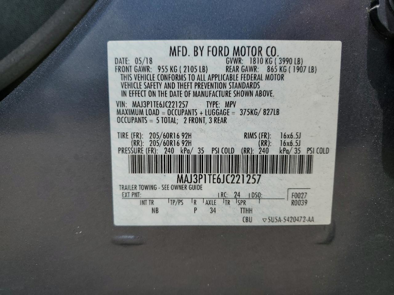 MAJ3P1TE6JC221257 FORD ECOSPORT 2018