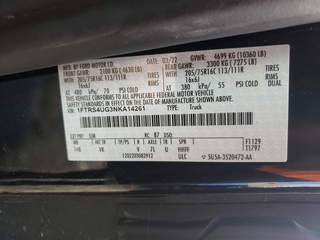 1FTRS4UG3NKA14261 FORD TRANSIT 2022