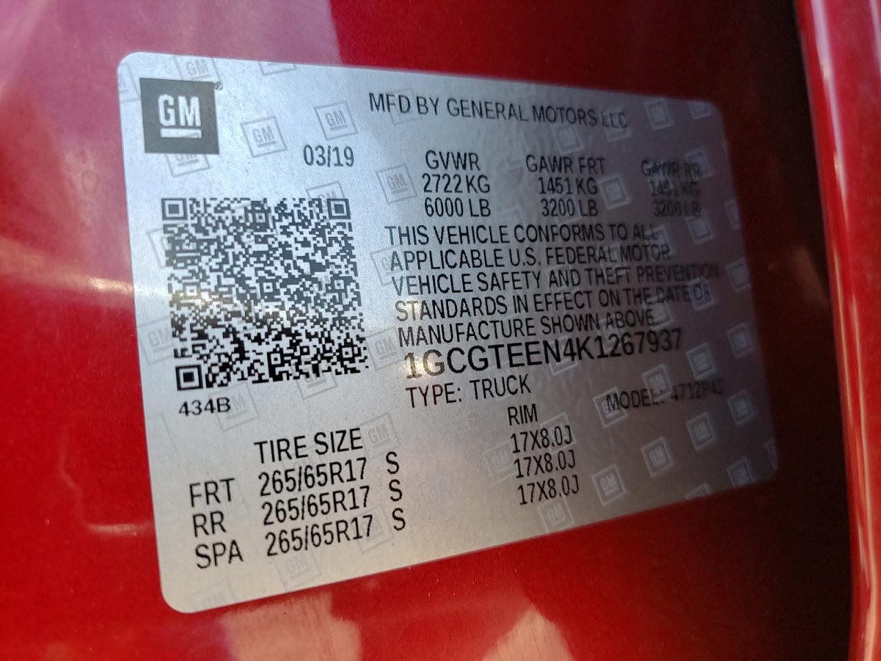 1GCGTEEN4K1267937 CHEVROLET COLORADO 2019