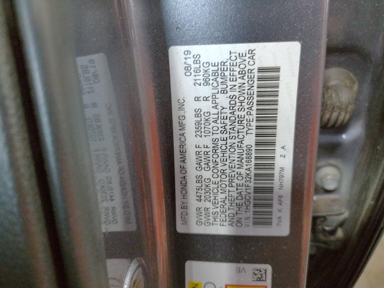 1HGCV1F32KA168890 HONDA ACCORD 2019