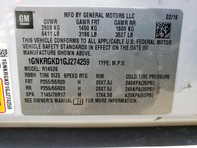 1GNKRGKD1GJ274259 Chevrolet Traverse Lt