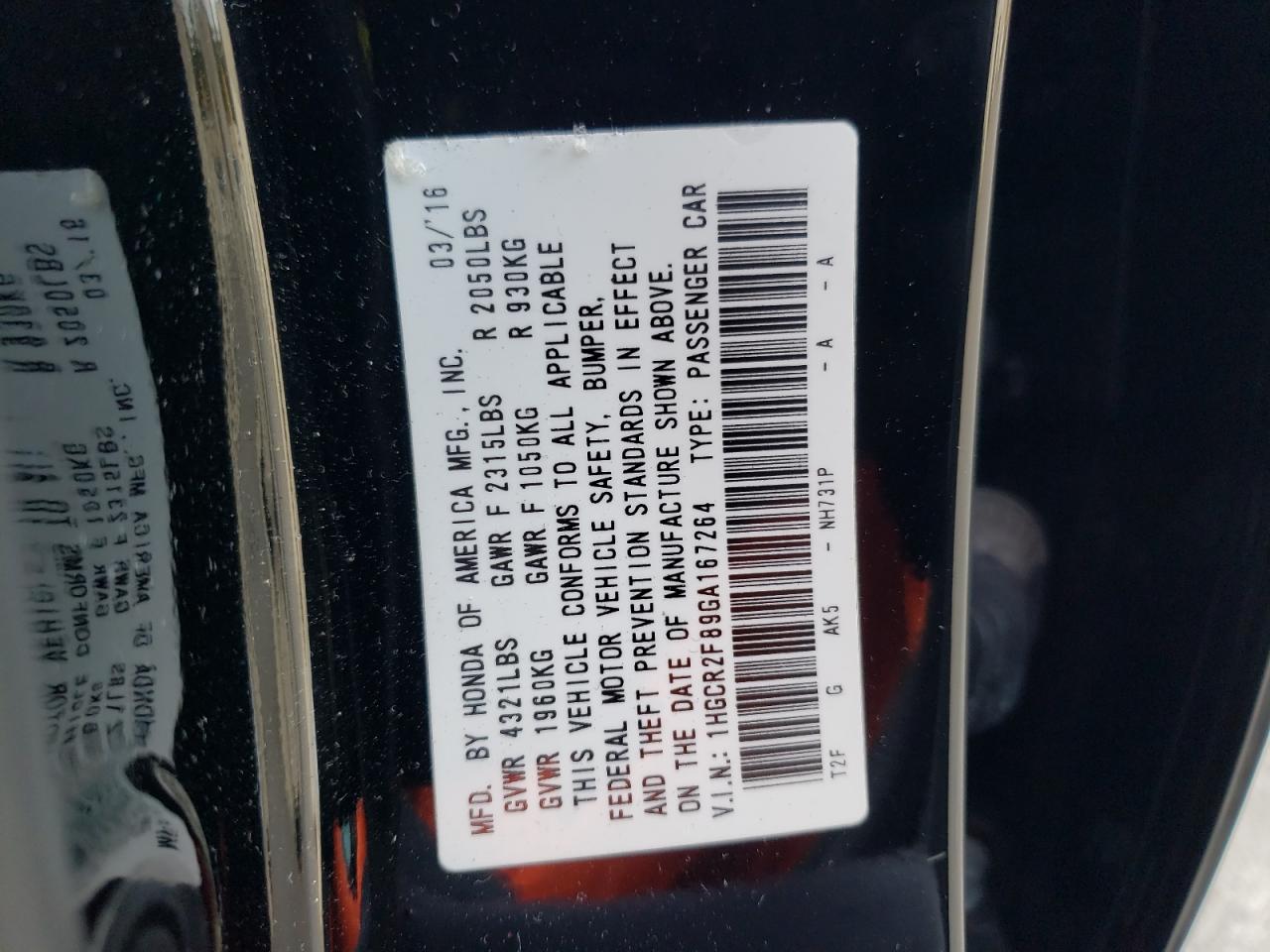 1HGCR2F89GA167264 HONDA ACCORD 2016