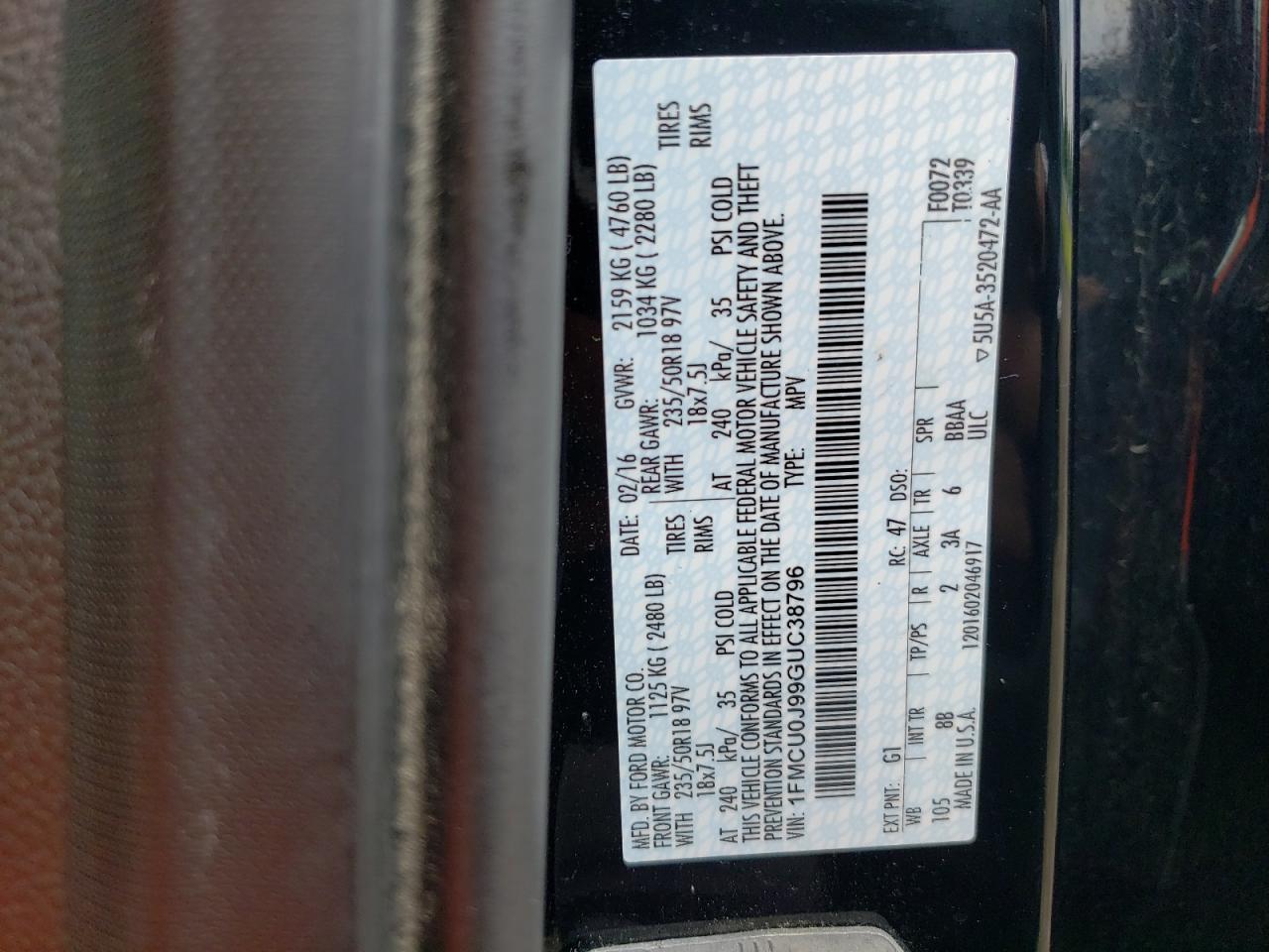 1FMCU0J99GUC38796 FORD ESCAPE 2016