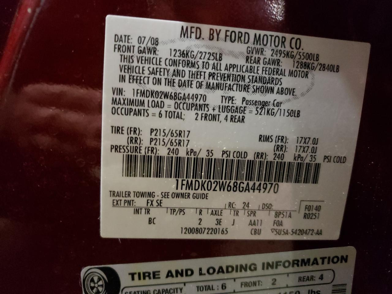 1FMDK02W68GA44970 2008 Ford Taurus X Sel